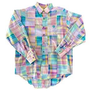 Duck Head Madras Patchwork Button Down Shirt Mens L 100% Cotton Plaid VTG Preppy